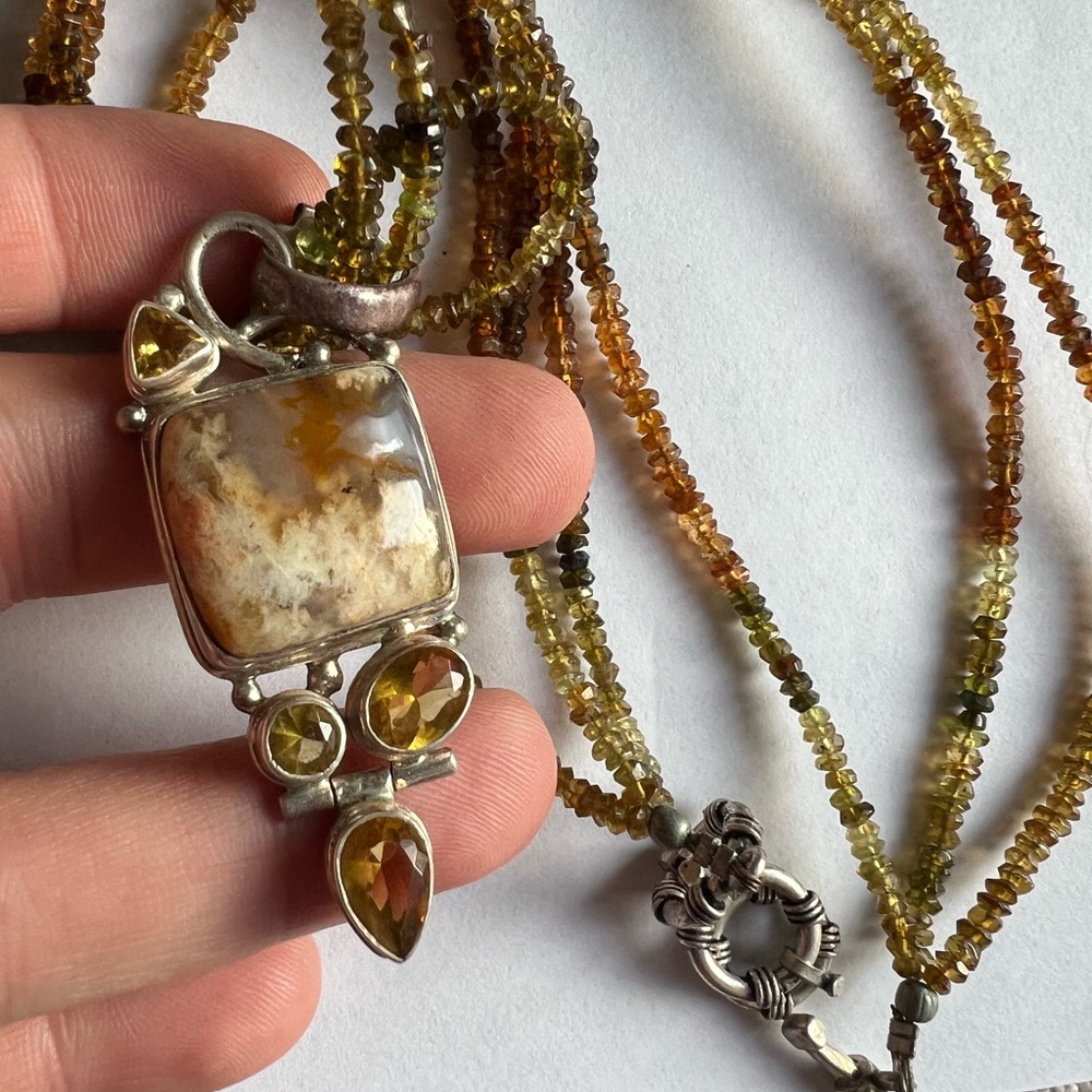 Beautiful Sterling Silver and Brown and Green Gemstones Pendant Necklace